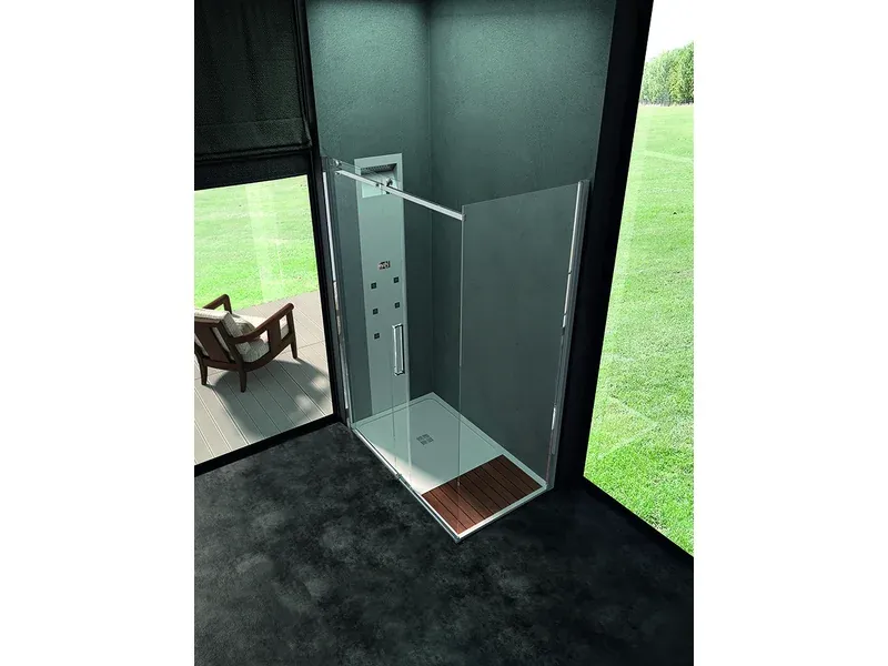 KASAI en angle  1 élément fixe + 1 porte coulissante / côté latéral : 1 fixe